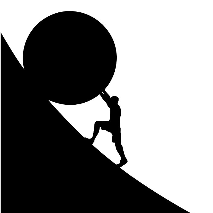 Sisyphus pushing a rock up hill